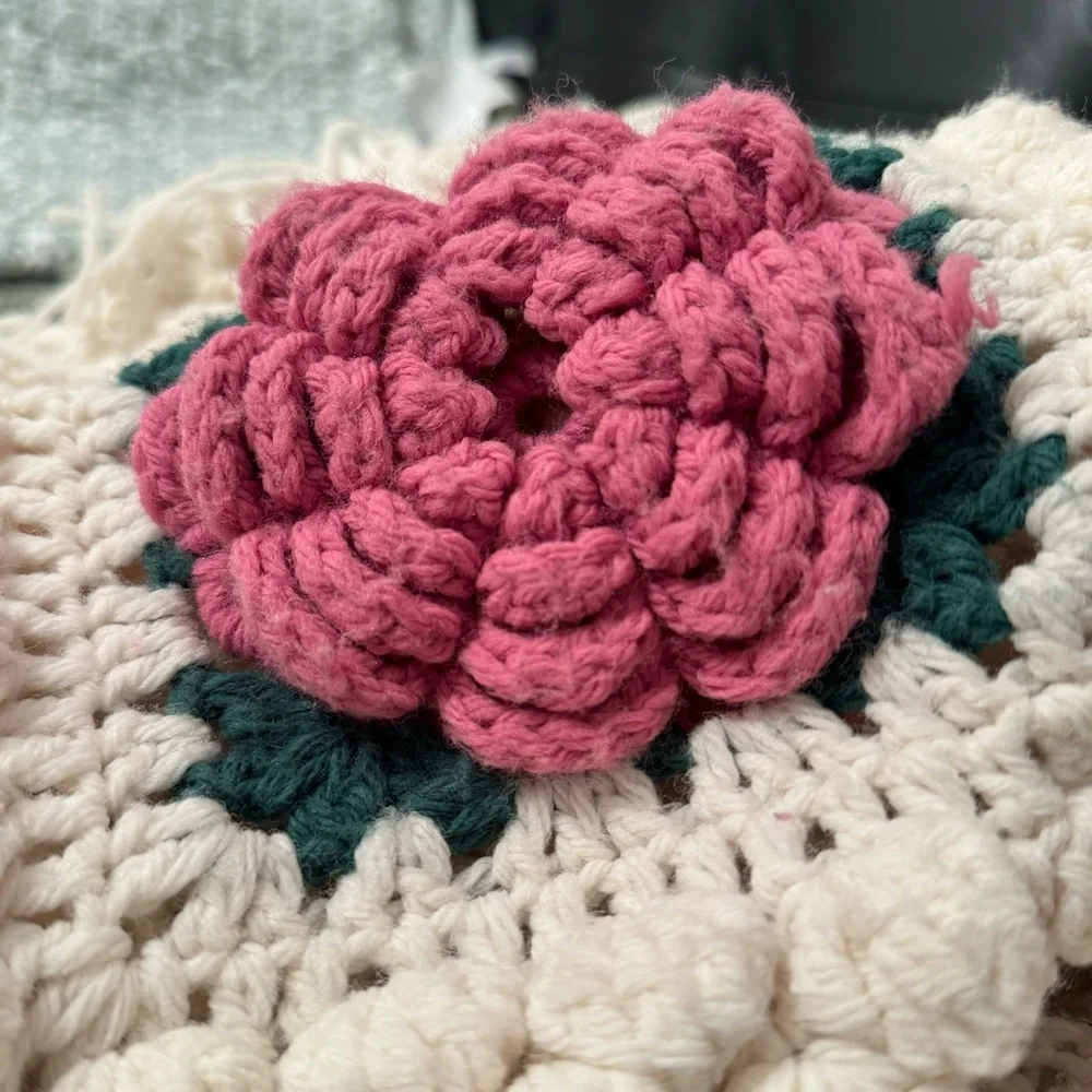Cream and Rose Popcorn Granny Handmade Crocheted Afghan